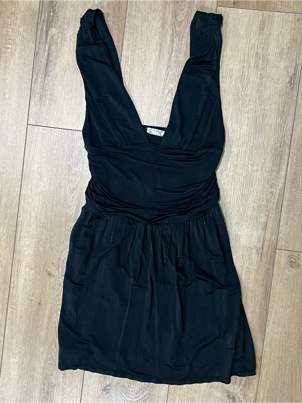 Free People Intimately Black V-Neck Sleek Ruched Waist Dress Small